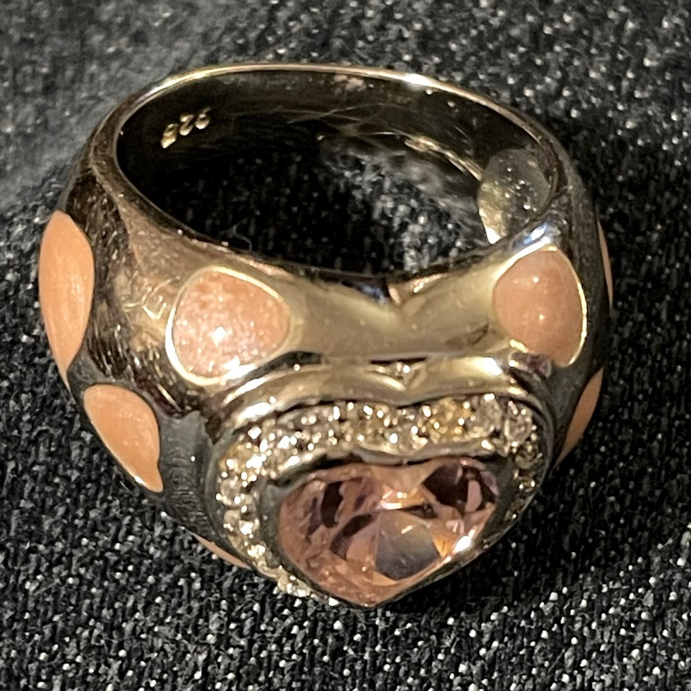Sterling Silver Ring with Pink Enamel Hearts and Faceted Pink Heart Stones Sz 5